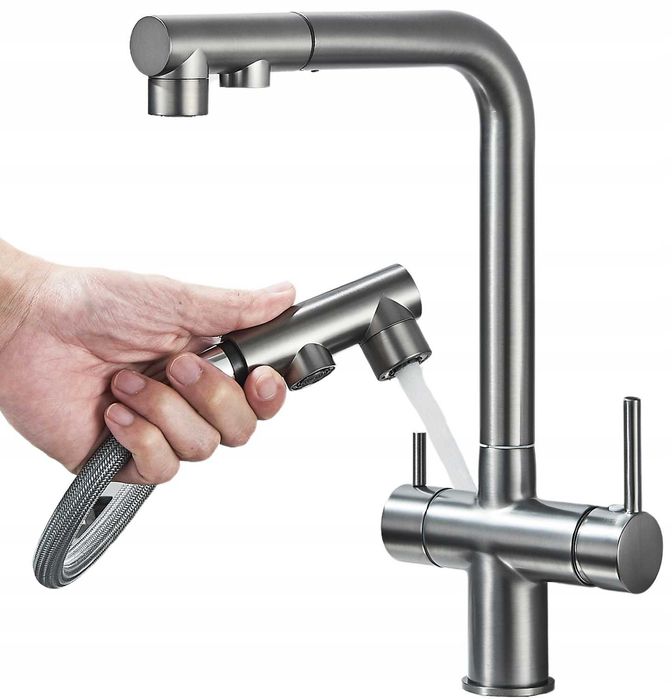 INOX BATERIA trójdrożna do filtra wody STAL NIERDZEWNA z wylewką