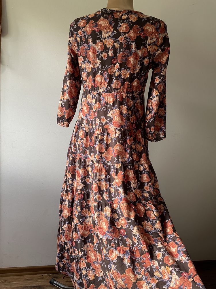 Bawelniana sukienka  maxi LINDEX, brazowa w kwiaty, 100% bawełna