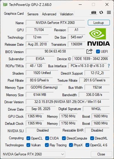 EVGA Nvidia RTX 2060 KO