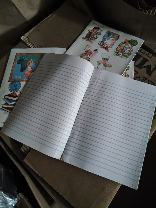 Canetas, cadernos material escolar vintage