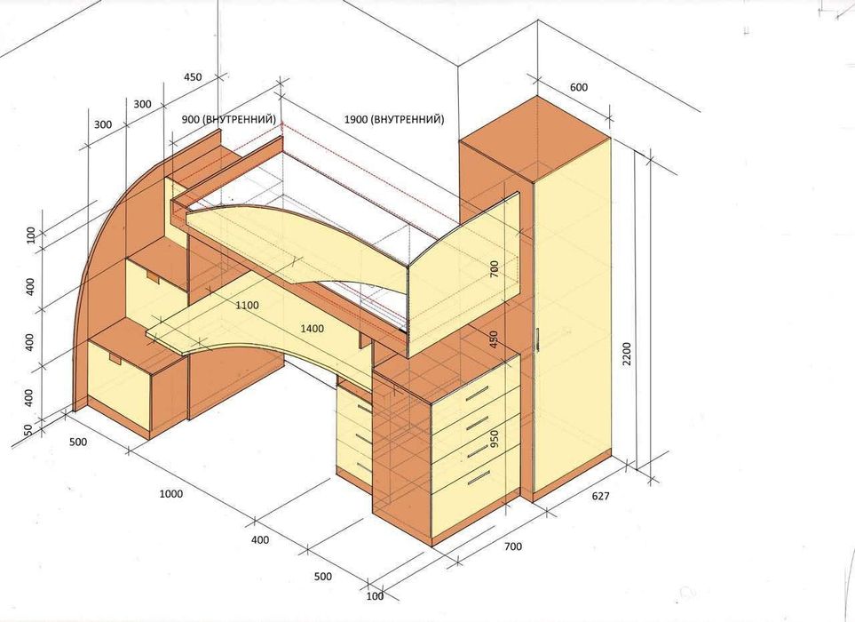 Детский уголок с кроватью, столом, шкафом для одежды, матрасом,