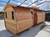 Sauna ogrodowa 6 m OVAL z piecem Harvia, wypoczywalnią , przeszklenie