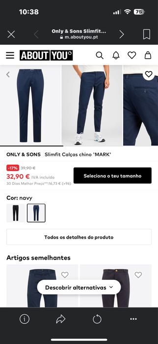 Calça chino slim fit Only & Sons 30W x 34L cor Navy (NOVO)
