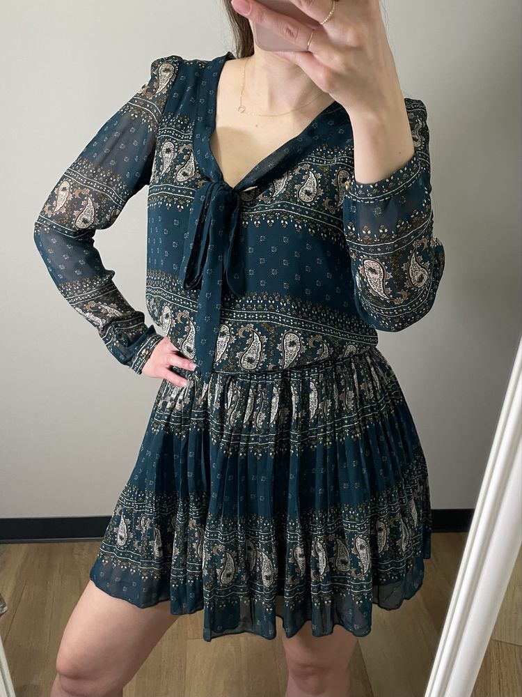 Boho wiązana sukienka na sylwestra święta mini xs plisowana zielona