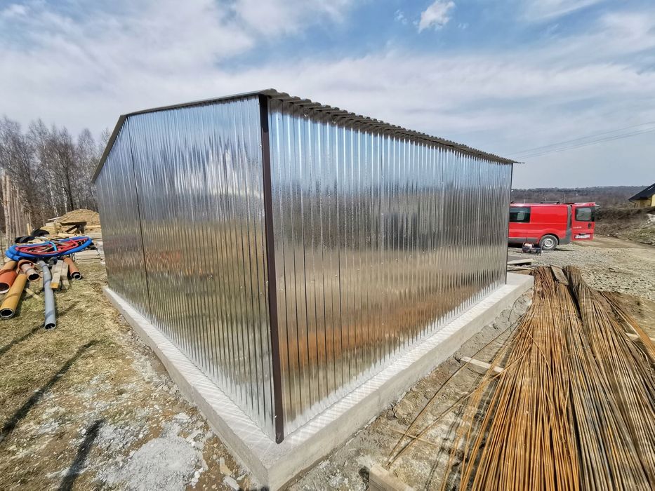 Garaż blaszany dwustanowiskowy 6x6 m - Dach dwuspadowy, Brama dwuskrzy