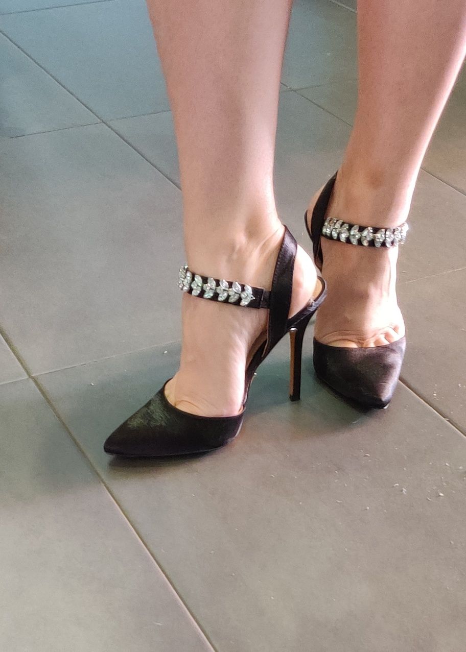 Czarne buty na obcasie szpilki 10cm z szkiełkami Zalando Topshop