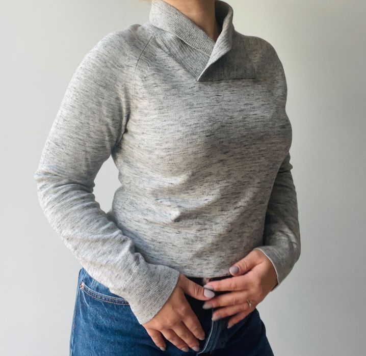 Sweter 100% bawełna szary melanżowy z kołnierzem taliowany H&M 36 S