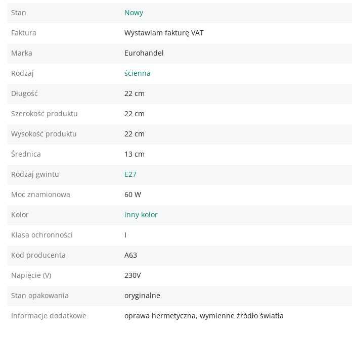 Oprawa oświetleniowa mosiężna ścienna 63 Eurohandel 60 W E27 230V