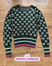 Sweter wiskoza Mohito XS 34 pudle psy printy butelkowa zieleń retro