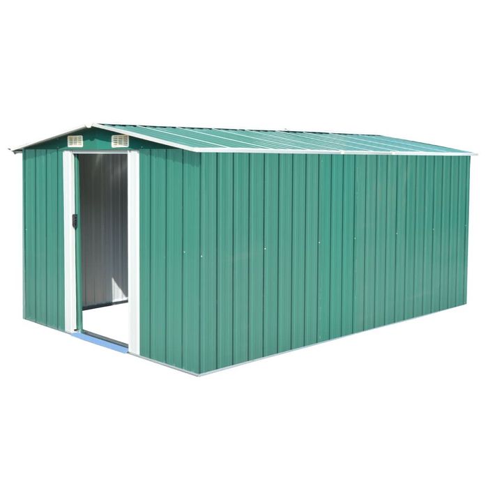 Abrigo de jardim em metal verde com portas de correr — 257x392x181 cm