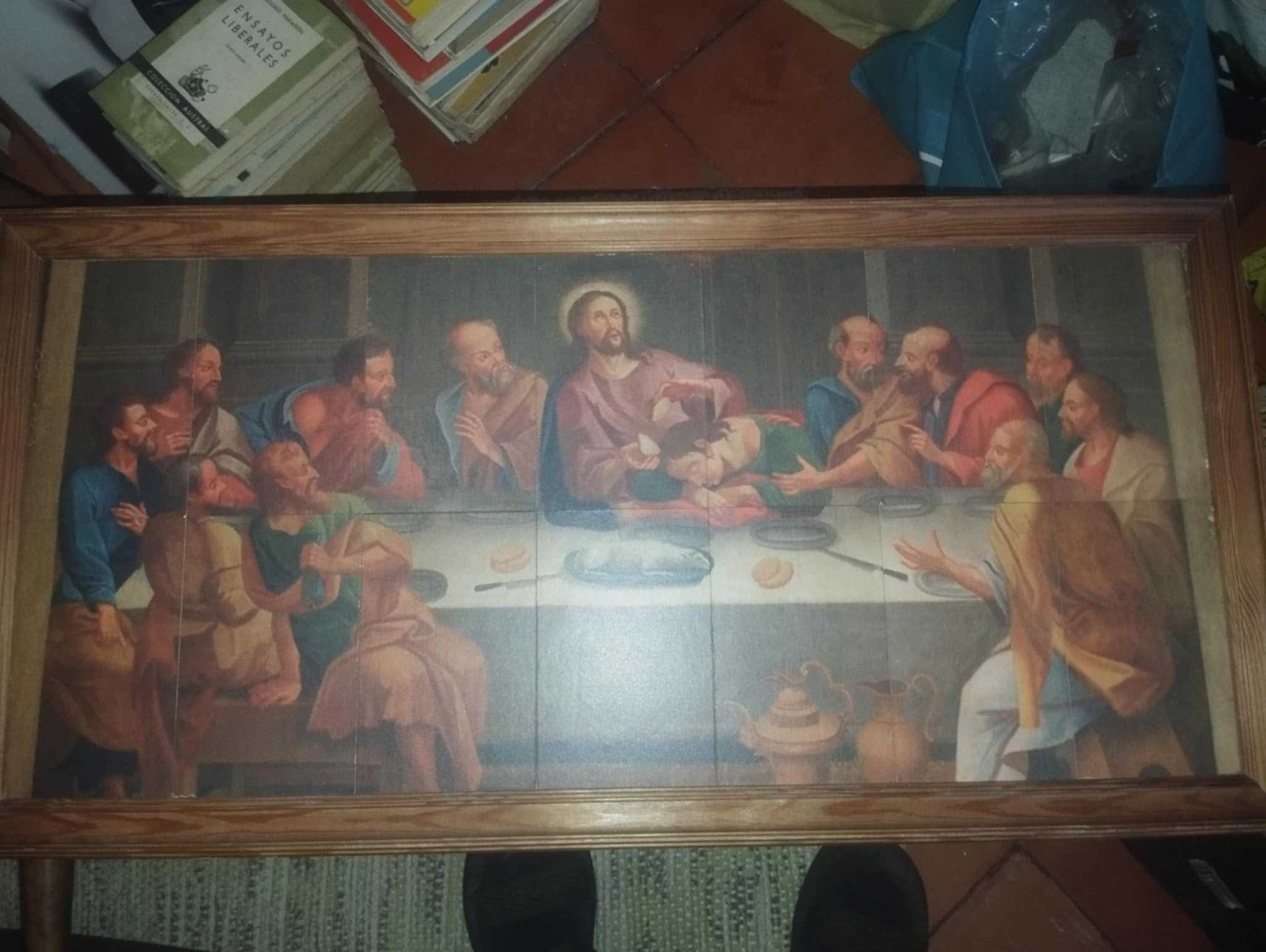 Quadro madeira antigo última ceia Jesus Cristo 60cm largura