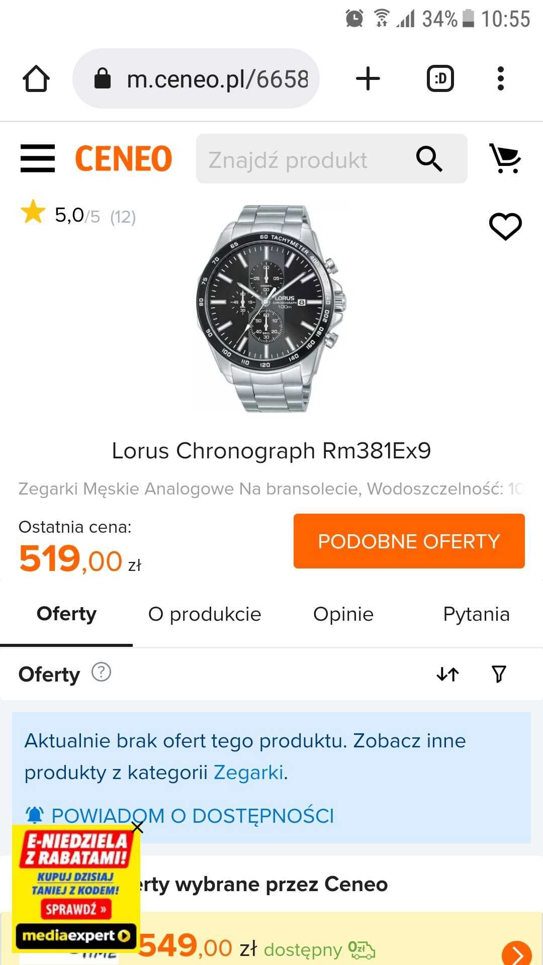 Zegarek męski Lorus Chronograph Rm381Ex9 analogowy na bransoletce