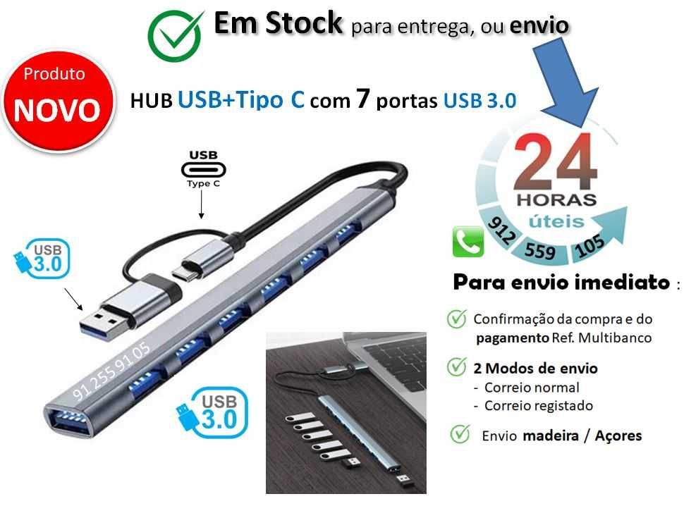 HUB USB + Tipo c com 7 portas USB 3.0