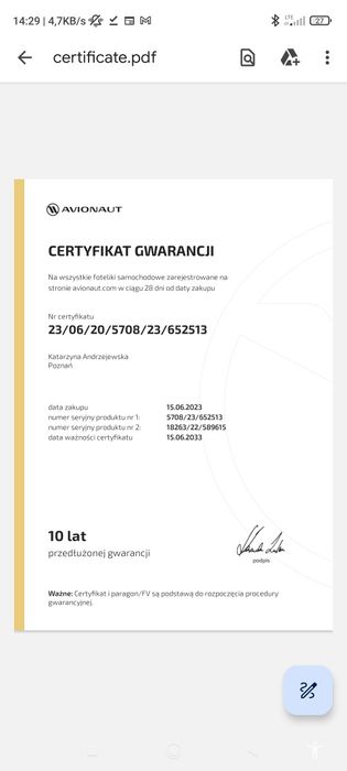 Avionat cosmo Fotelik-nosidelko