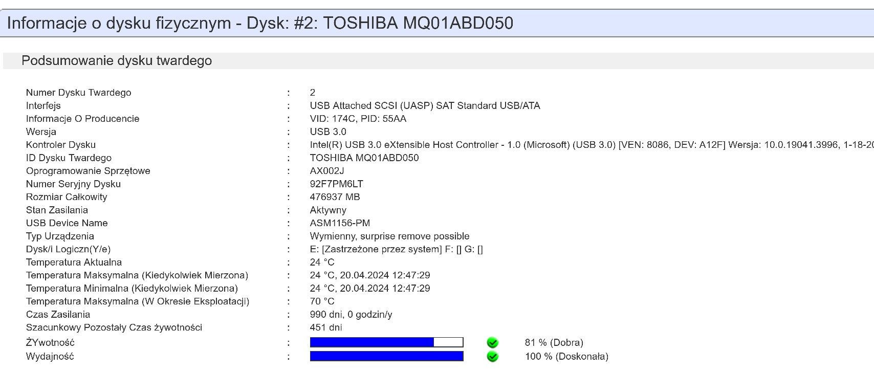 Dysk twardy Toshiba 500gb MQ01ABD050