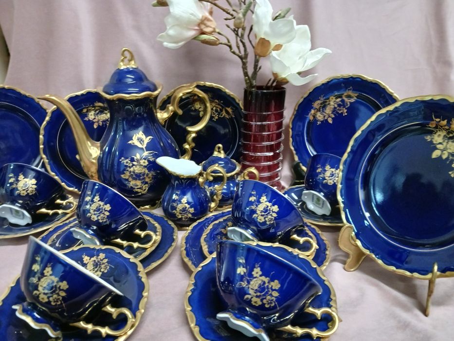 Kobaltowy serwis herbaciany porcelana kobalt