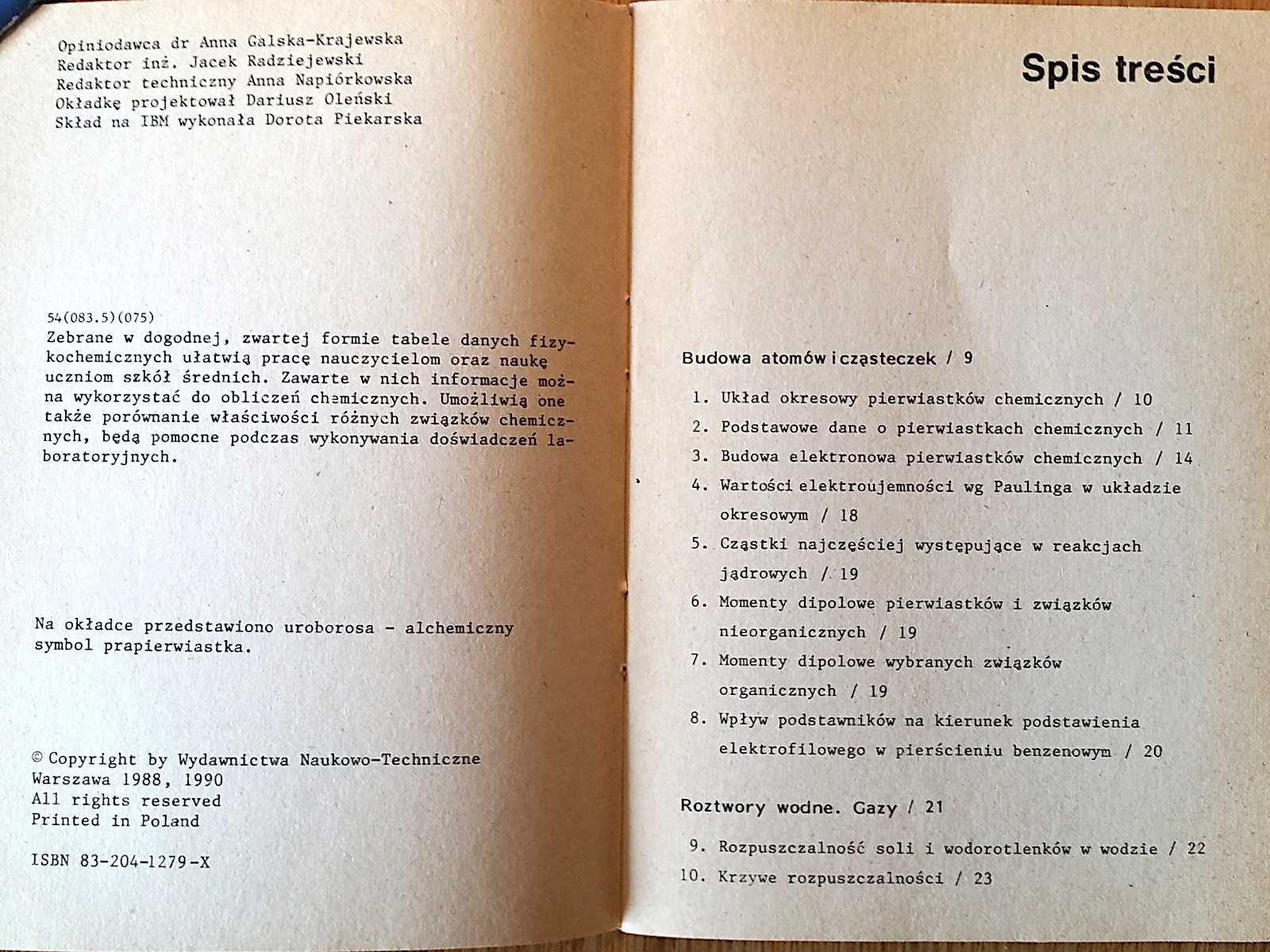 CHEMIA: "Tabele chemiczne dla uczniów" (tablice chemiczne) WNT 1990