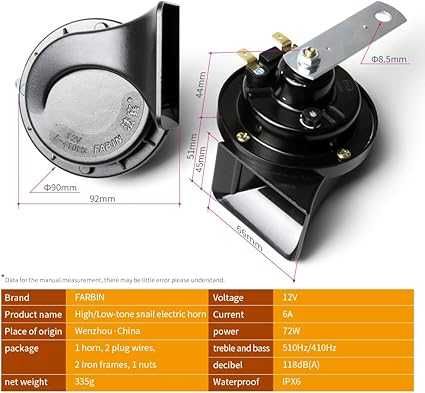 FARBIN Buzina compacta de 12 V para carro, alto tom baixo, 410 Hz