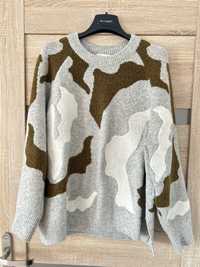 Sweter szary siwy łaciaty w łatki H&M wełna w składzie szary oversize