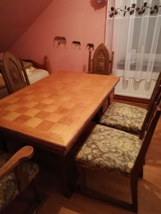 Stół dębowy rozkładany +6 krzeseł rzeźbione