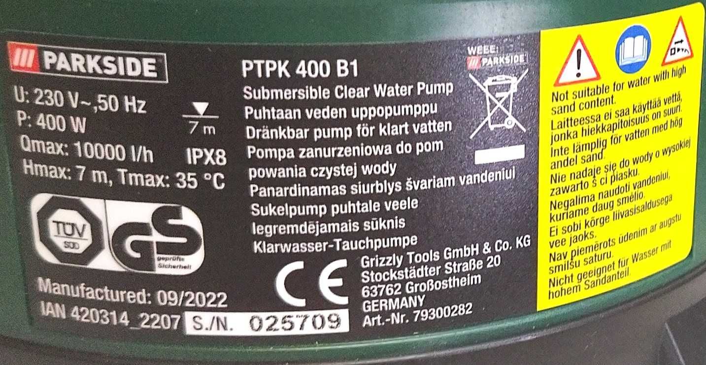 Pompa zatapialna do czystej wody PTPK 400 B1