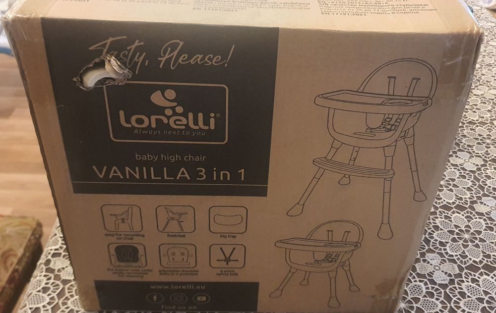 Krzesełko do karmienia 3w1 podnóżek tacka pasy stolik Lorelli