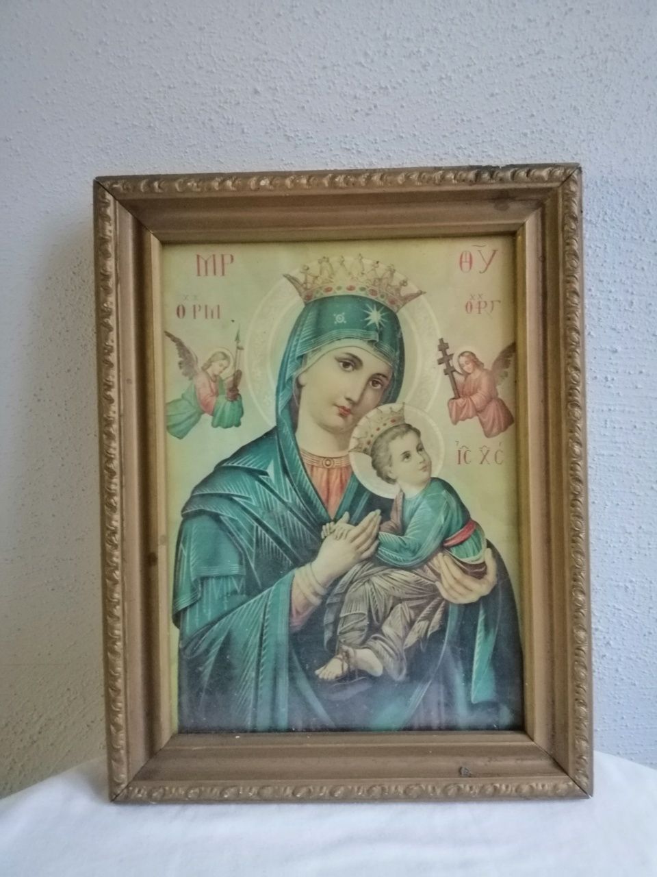 Stary obrazek religijny w ramce +szkło