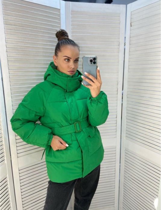 Куртка пуховик оверсайз з поясом