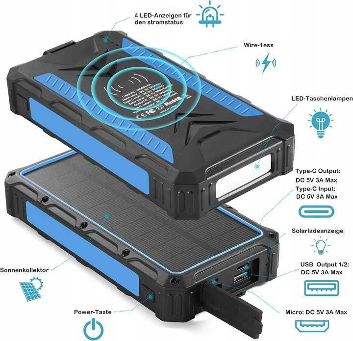 Powerbank 36000 mAh SOLARNY 4X USB 20W Niebieski