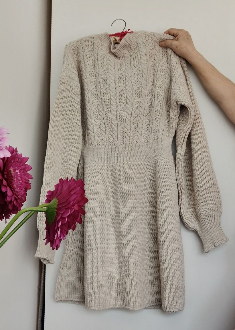 Shein sweterkowa sukienka kremowa długie rękawy kokardki L 40 / XL