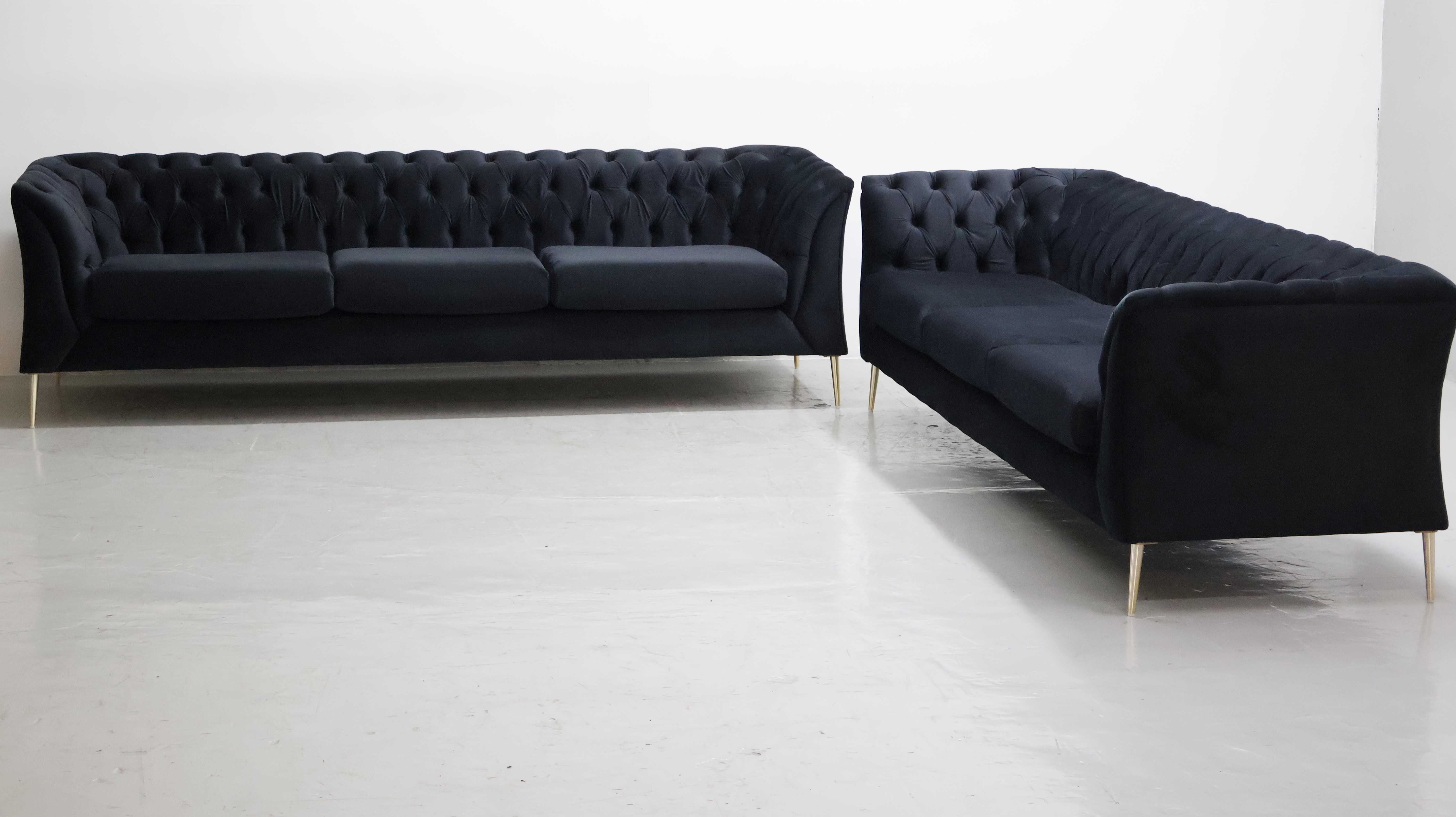 STY DESIGN WIELKA SOFA 3+3 kanapa czarny welur złote nogi zestaw kompl
