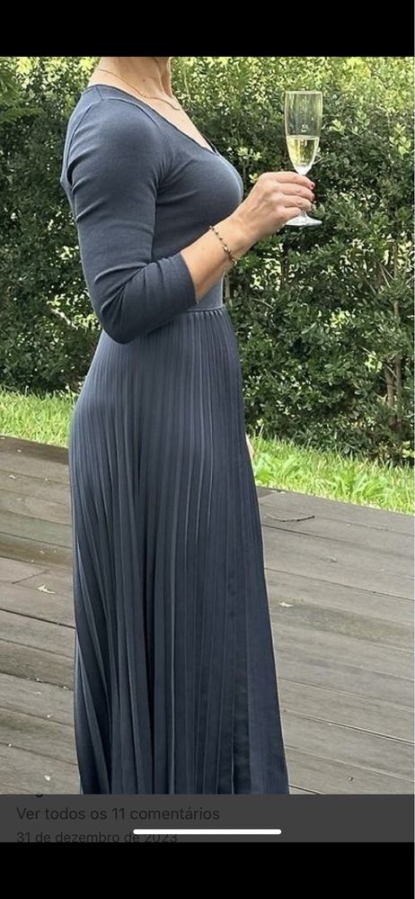 Vestido azul, plissado, Massimo Dutti, tamanho XS