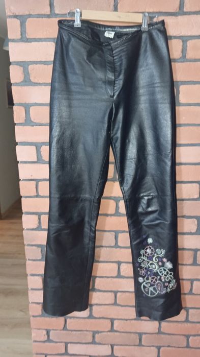Hippie świetne spodnie dzwony skóra vintage haft L