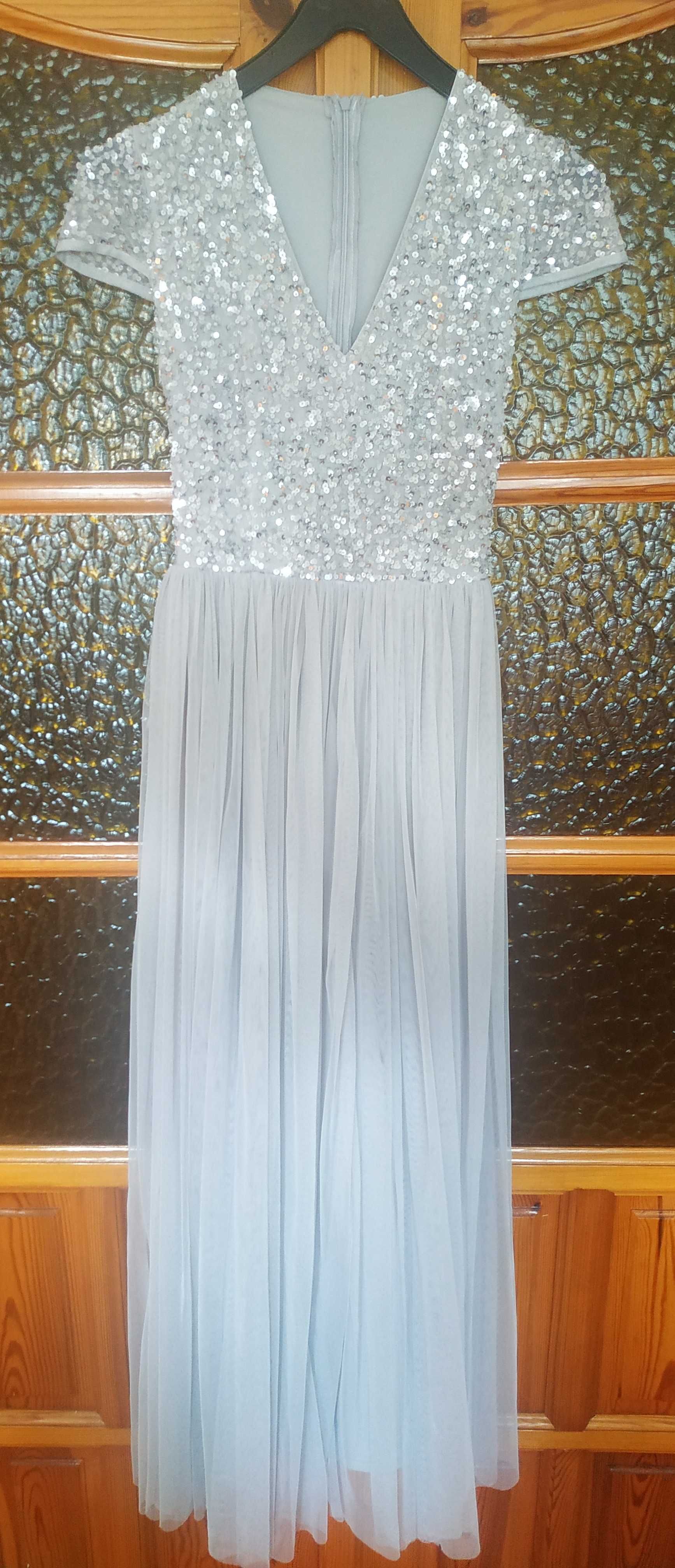 Suknia srebrna cekiny tiul XS