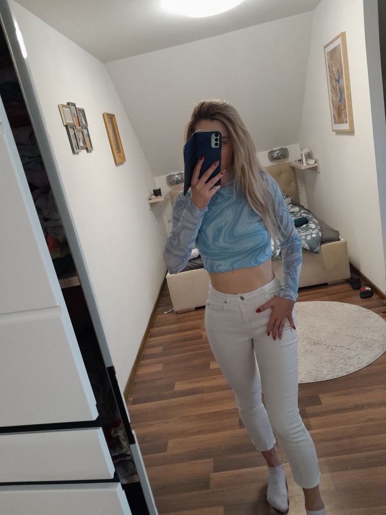 Bluzka mgielka niebieska crip top elegancka siatka xs s