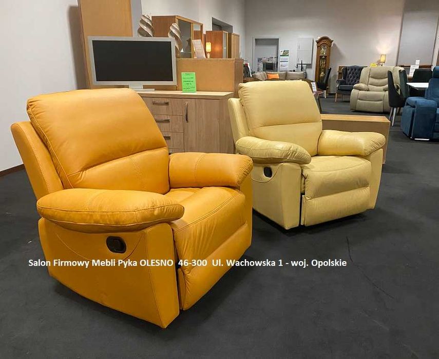 Nowy Fotel ROZKŁADANY, Bujany, Obrotowy, SKÓRA NATURALNA- Wyprzedaż