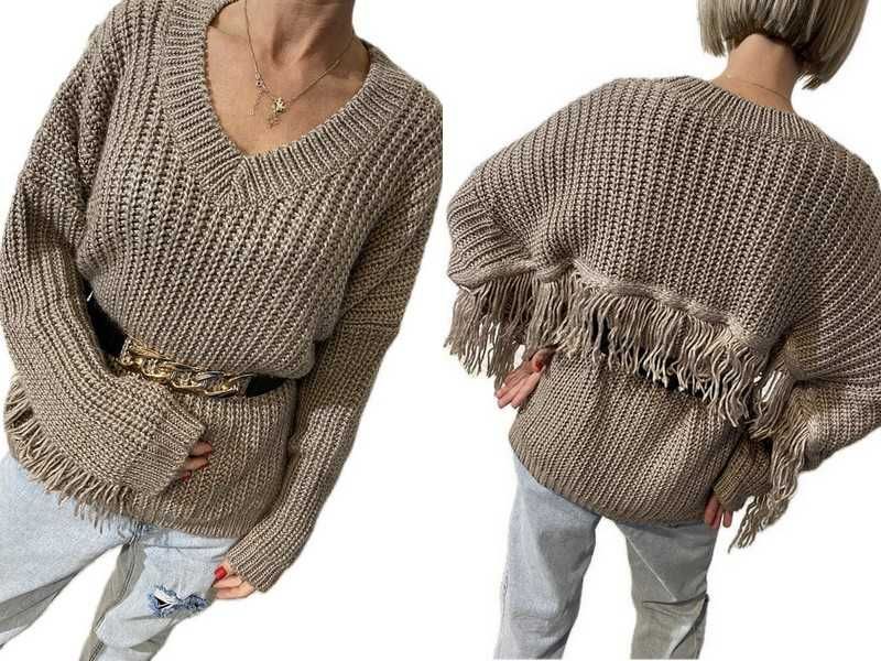 LOCI nowy sweter Frędzle -  wełna - splot - oversize beżowy Uni