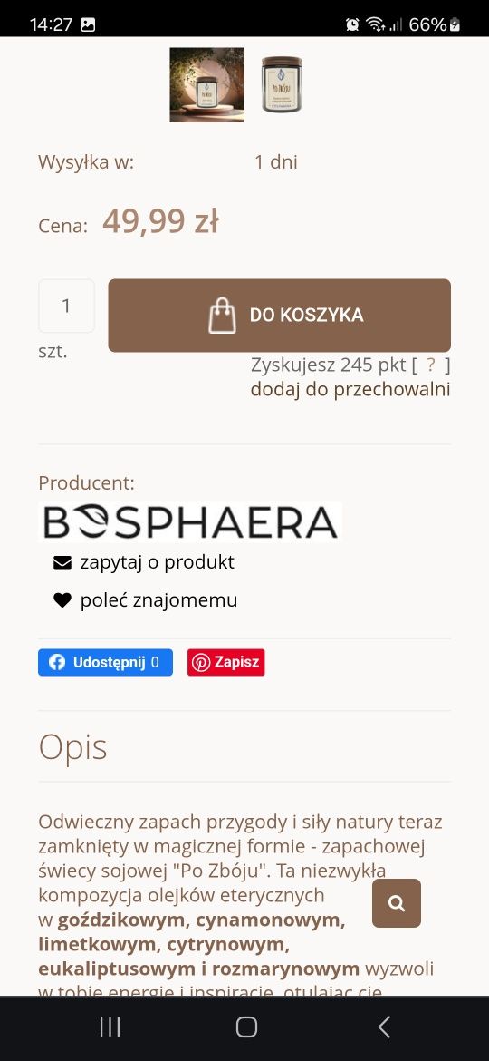 Świeca Sojowa Po Zbóju, Bosphaera, 190 g