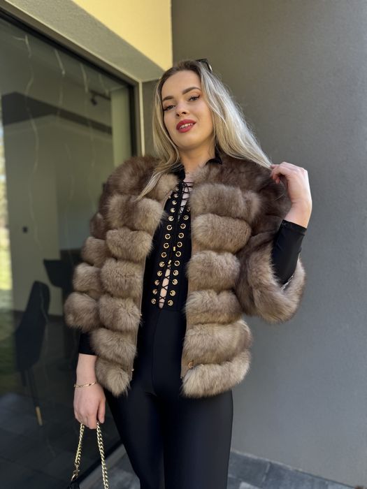 Futro naturalne z lisa 3 w 1 brązowe ombre kamizelka płaszcz 100% xs/s