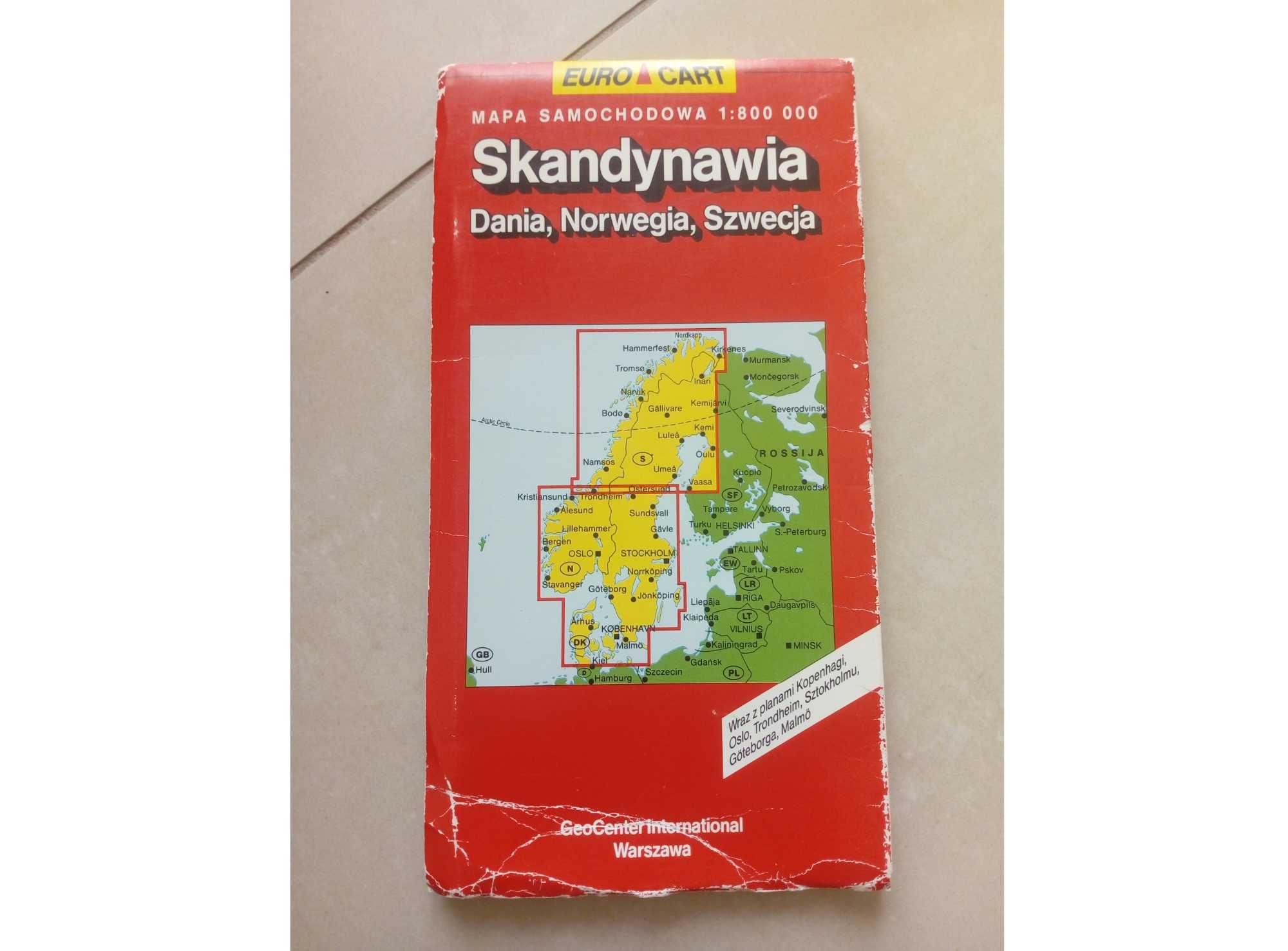 Mapa samochodowa Skandynawia Dania Nrowegia Szwecja stara