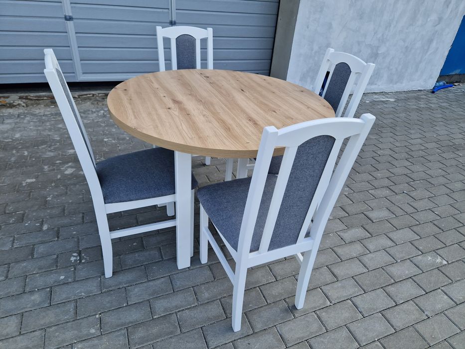 Nowe : Stół okrągły rozkładany + 4 krzesła, biały/artisan + szary