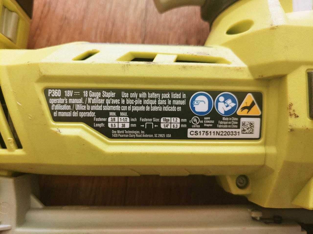 Аккумуляторный строительный степлер Ryobi P360 ONE+ 18V 18GA