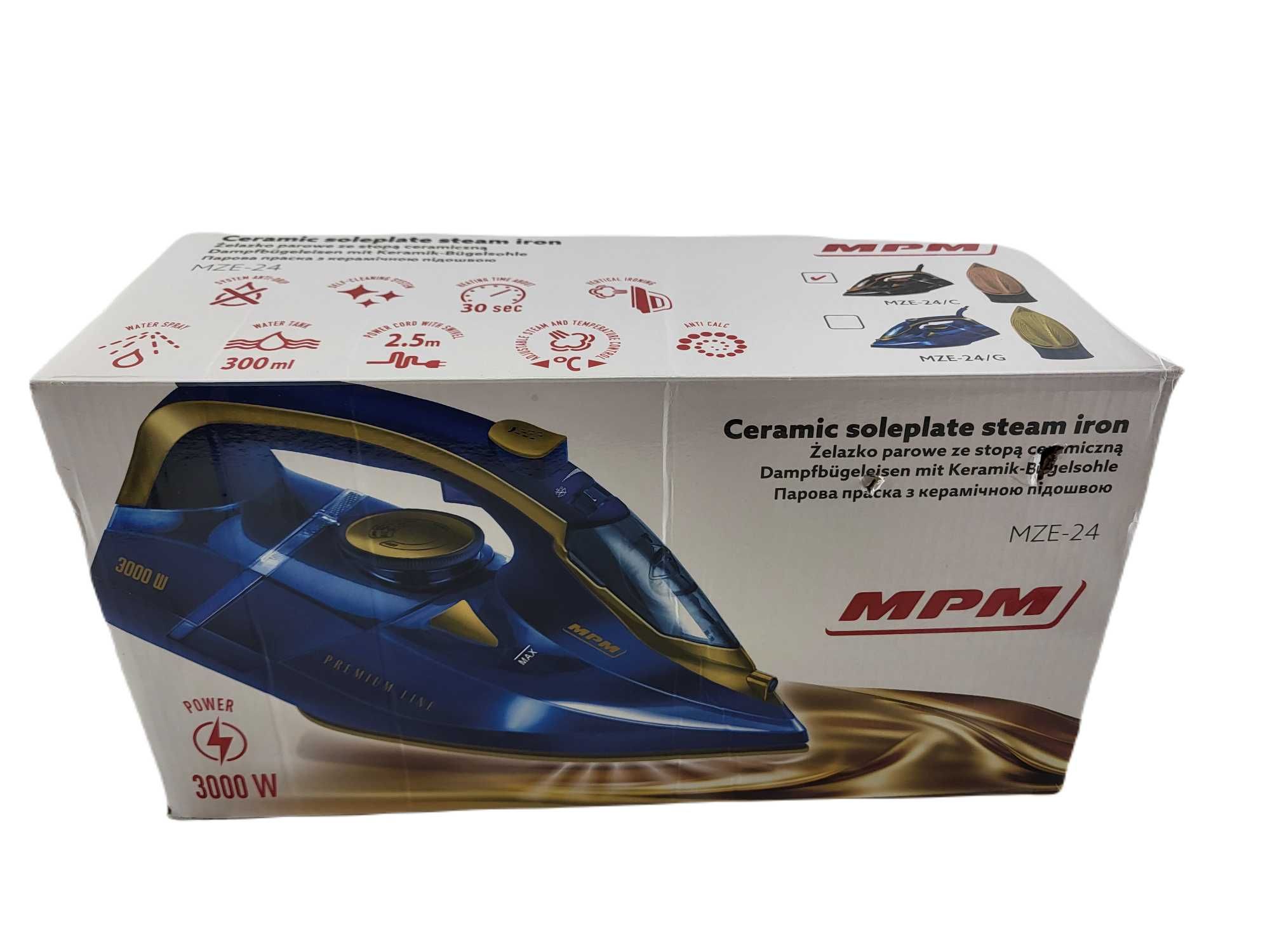 Żelazko parowe ze stopą ceramiczną 3000W czarne mocne MPM MZE-24/C