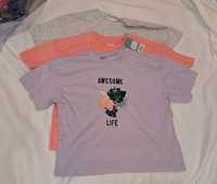 Kolorowe 3 Bawełniane Bluzki T-shirty Dziewczęce r.134/140