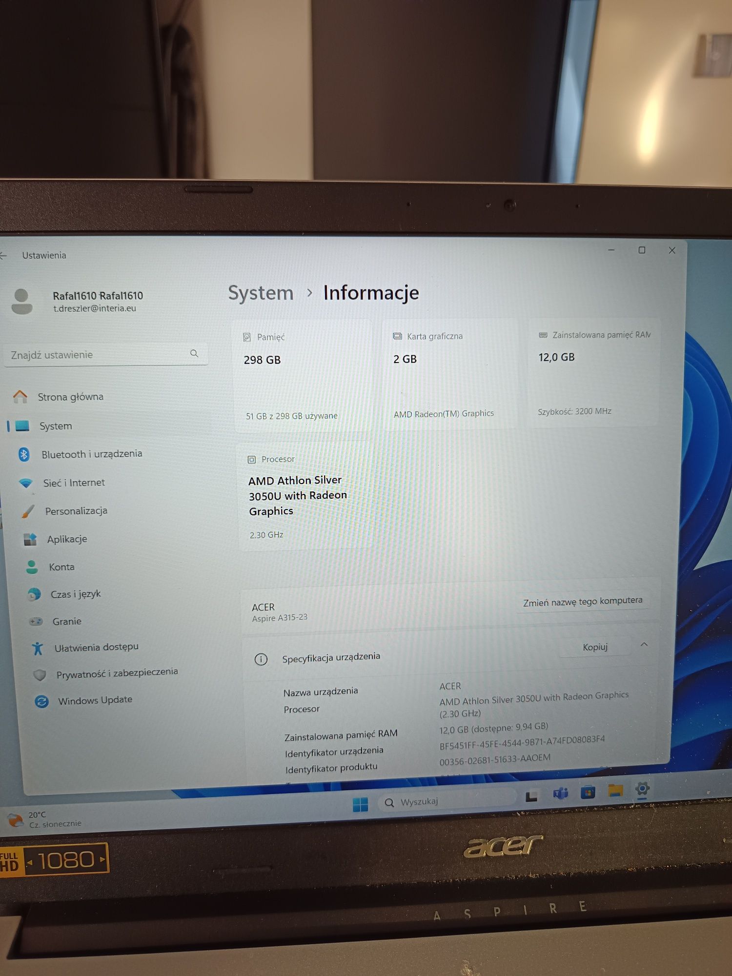 Laptop Acer aspire 3  A315-23 , 12 GB Ram ,dysk SSD 300 Gb