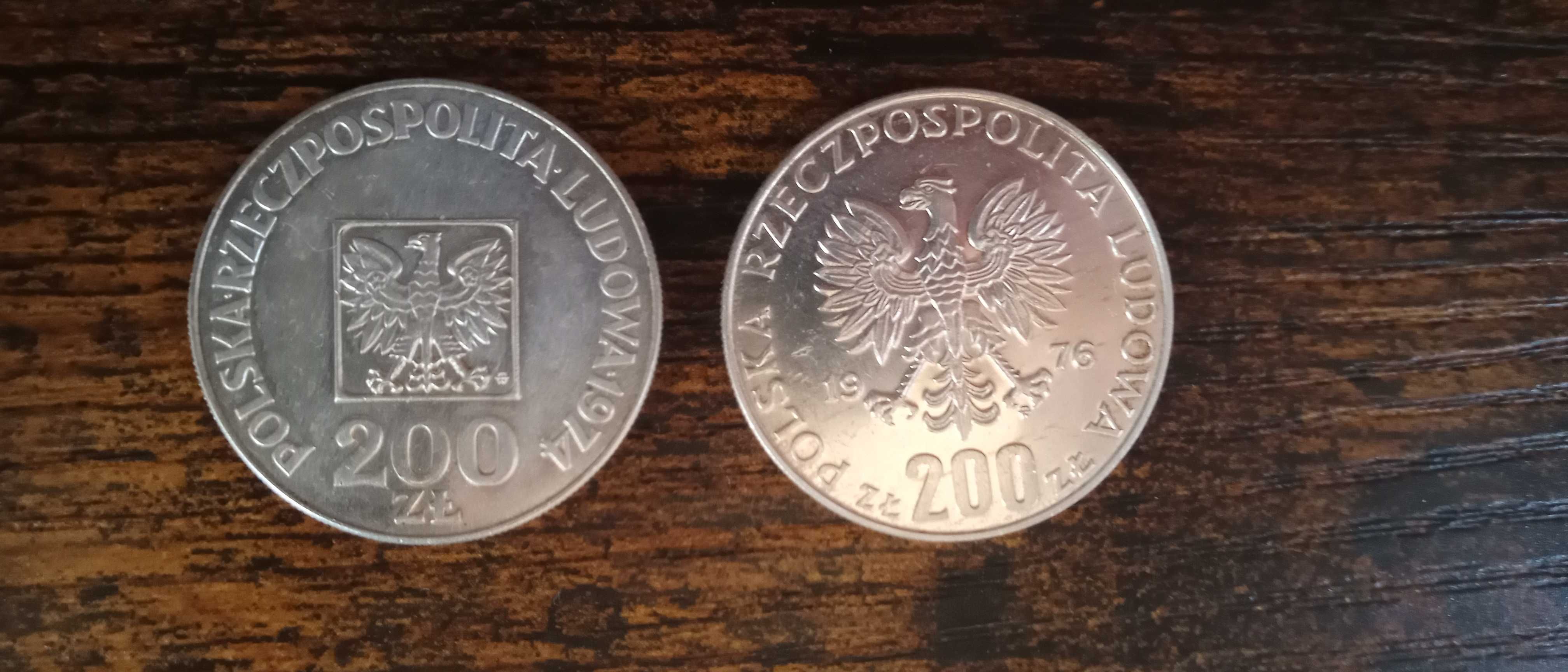 Dwie różne 200 zł. monety z roku 1974 i 1976. Stop Ag 625. Stan: BP.