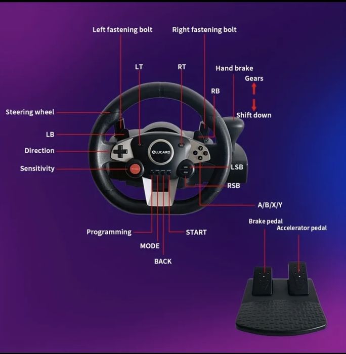 Ігровий руль  ALUCARD 270° для гонок. Повний комплект: педалі + КПП