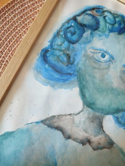 Obraz autorska postać w niebieskościach akwarela