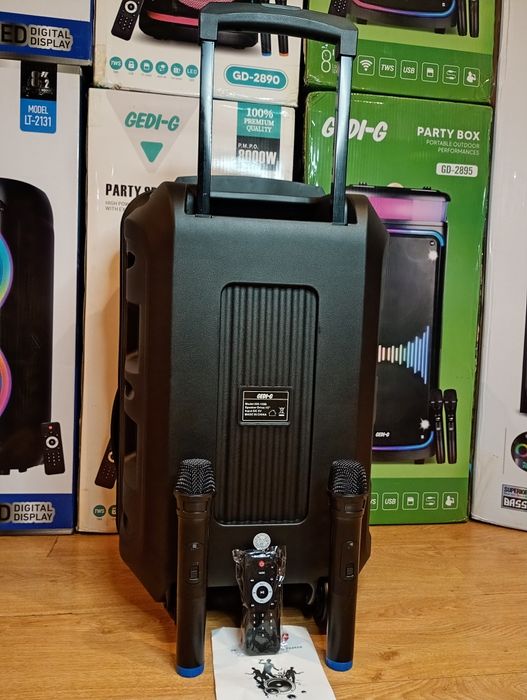 Караоке акустика GeDi-15(блютуз,SD,USB, FM) ПультДУ, 2микрофона