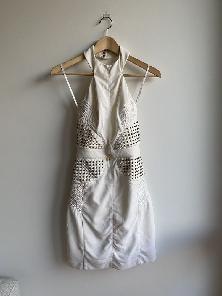 Elisabetta Franchi biała sukienka 34 XS na szyję bez pleców mini dżety